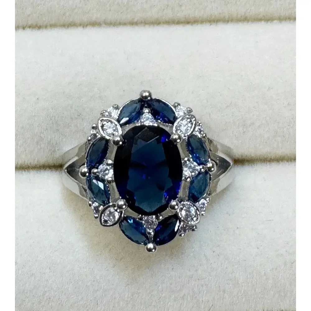 Size 7 New Blue Sapphire Color Ring Silver Oval Cocktail Statement Ring R003